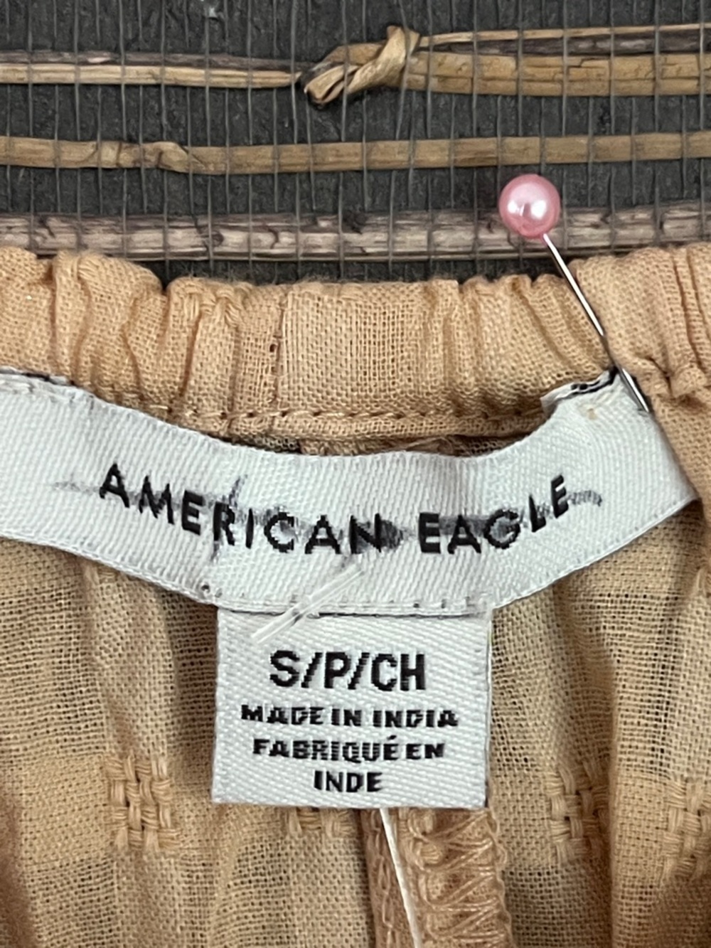 American Eagle Peach Tan Gingham Crochet Lace Side Tie Tank Top Shirt Size S - Picture 12 of 15